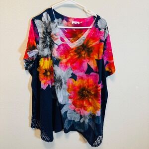 Time and Tru Women's Plus Size 2X Floral Print V-Neck Short Sleeve Top with Lace